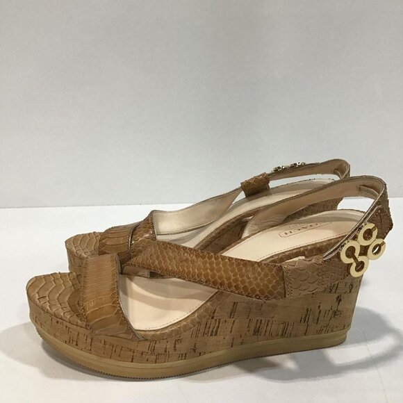 EUC COACH Snakeskin Espadrille Wedges Gold Logo Cork heel COMFY sz 9 Nude - Picture 7 of 9